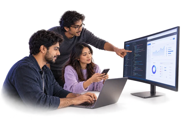 Three developers reviewing code together