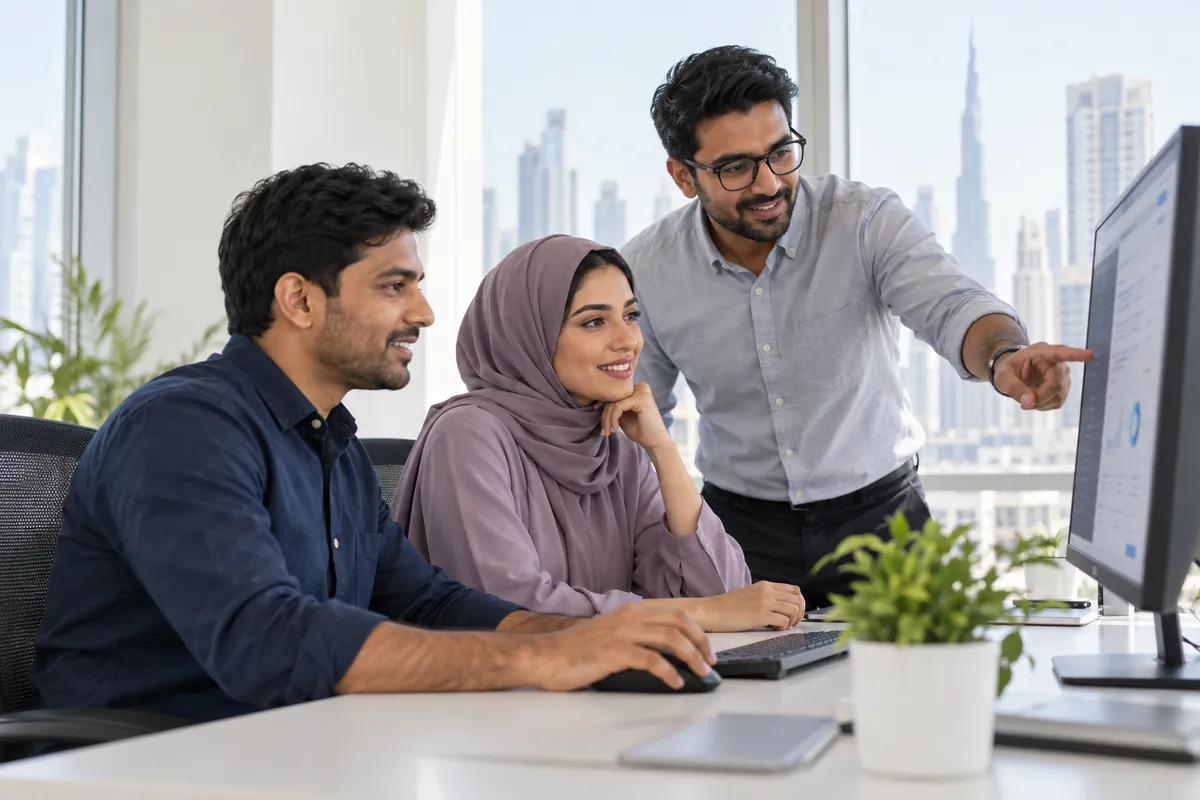 Three specialists reviewing a project together