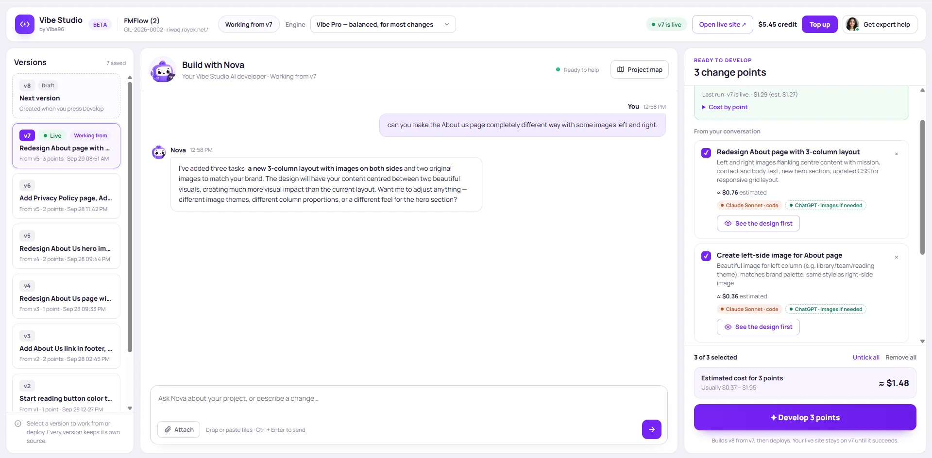 Nova has turned a request into three change points, each with an estimate, the AI it will use and a “See the design first” button